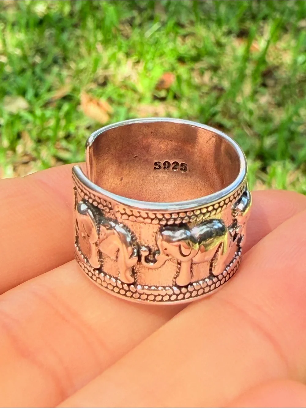 Sterling Silver 925 Elephant Motif Adjustable Band Ring - Silver